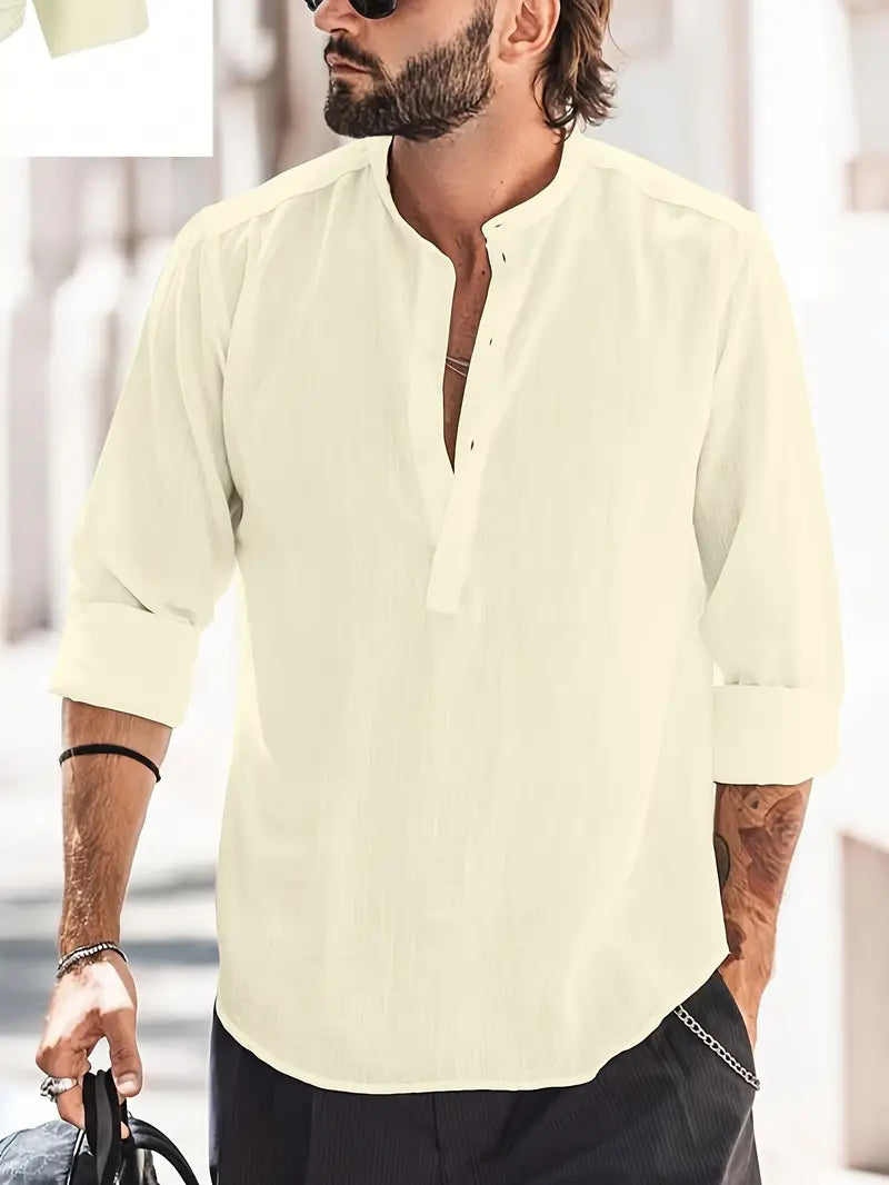 Herren Leinenhemd Langarm Bootskragen Vintage Look – Hugaro