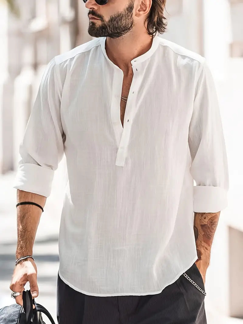 Herren Leinenhemd Langarm Bootskragen Vintage Look – Hugaro