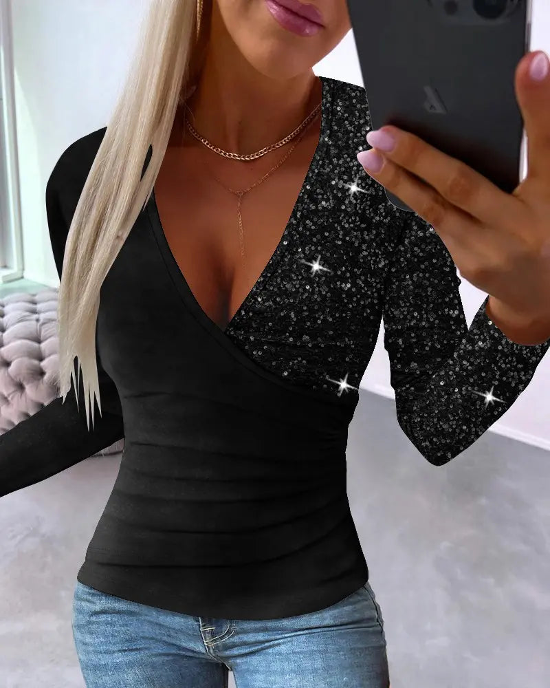 Überbluse Damen Elegant Pailletten Rüschen – Valeria