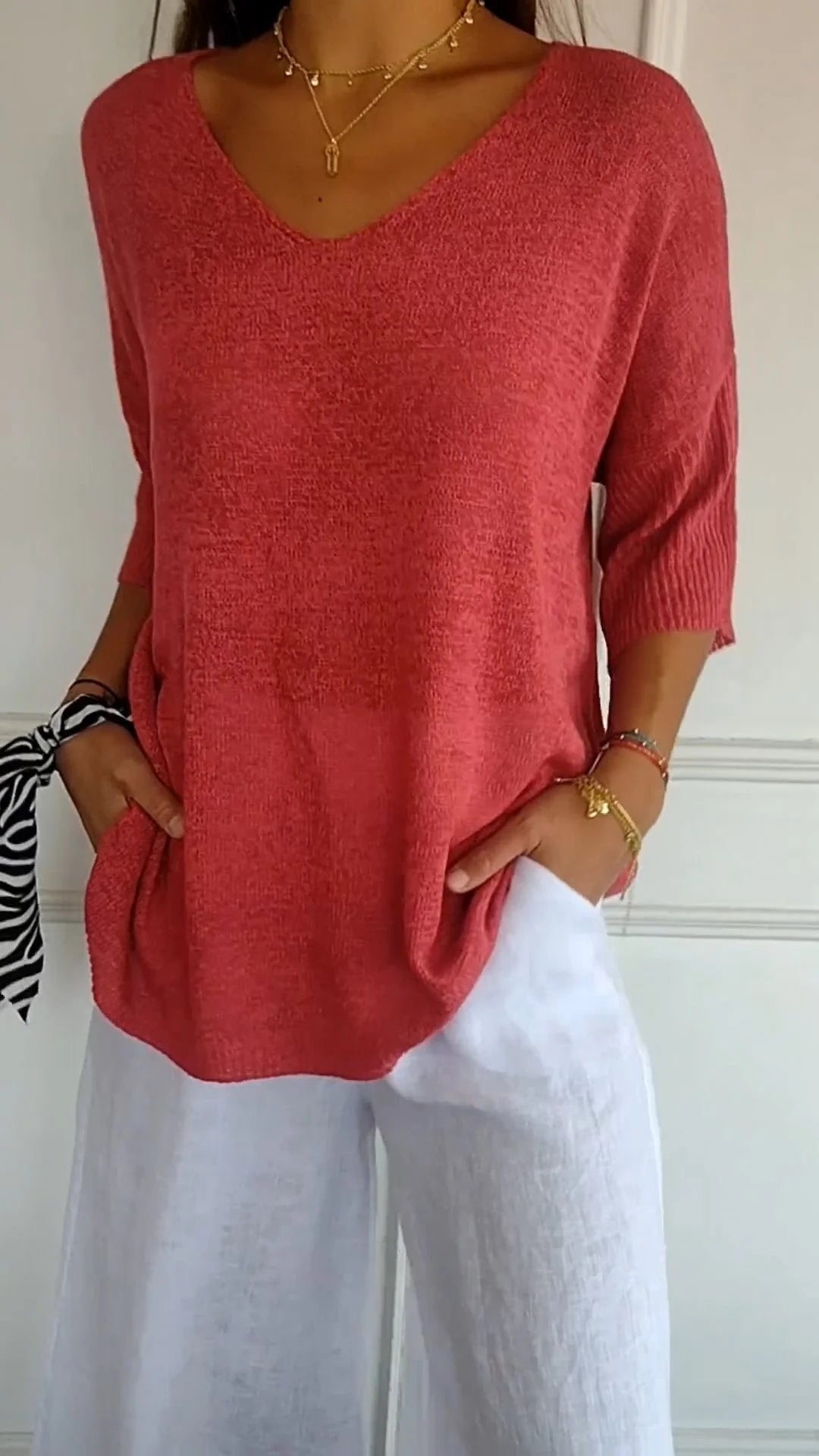 Oversized Damen V-Ausschnitt Top Sommer Elegant – Amelie