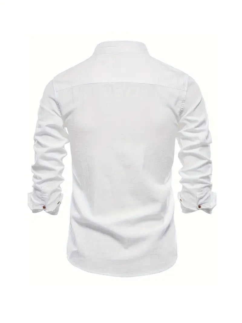 Herren Baumwollhemd Langarm Stehkragen Elegant Stickerei – Nelvion
