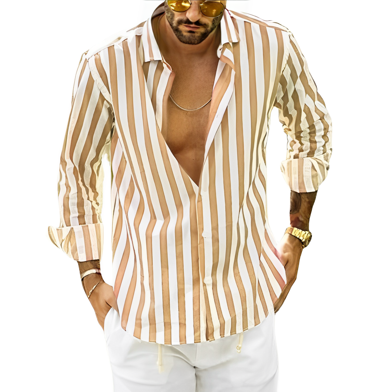 Herren Streifenhemd Langarm Sommer Stehkragen Elegant – Fredoro