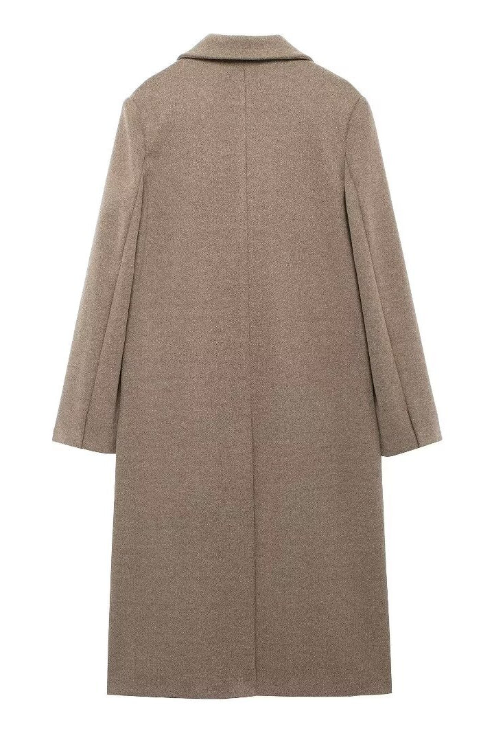 Eleganter taupefarbener zweireihiger Wollmantel
