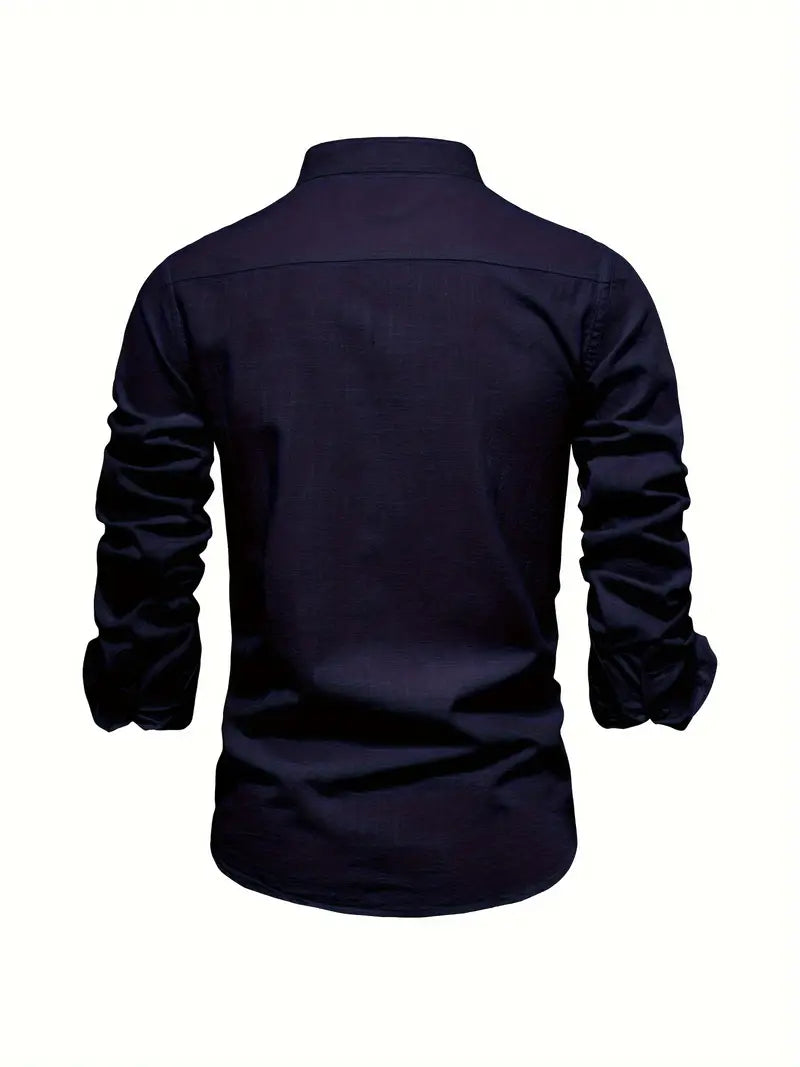 Herren Baumwollhemd Langarm Stehkragen Elegant Stickerei – Nelvion