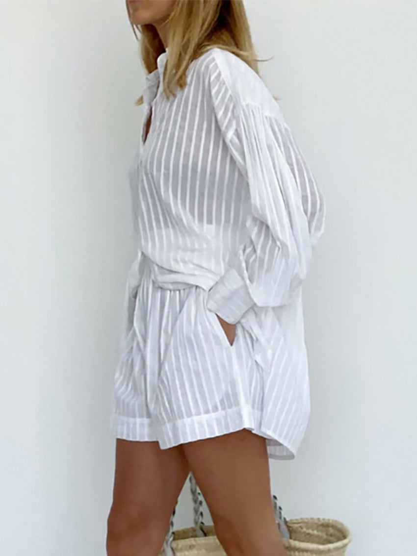 Zweiteiliges Set Gestreiftes Langarmhemd Elastische Taille Kurze