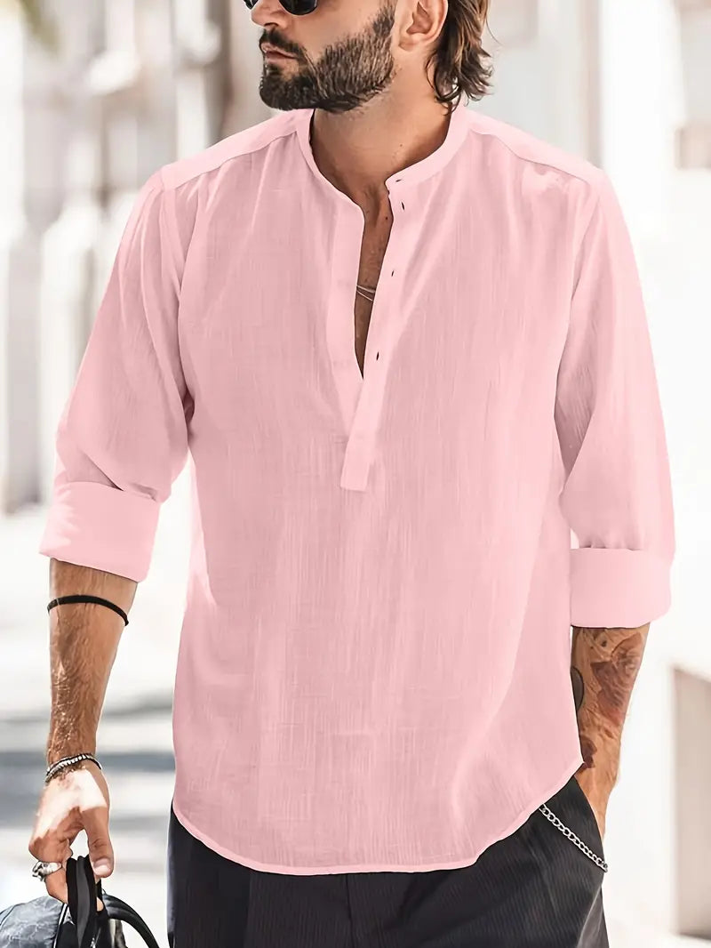 Herren Leinenhemd Langarm Bootskragen Vintage Look – Hugaro