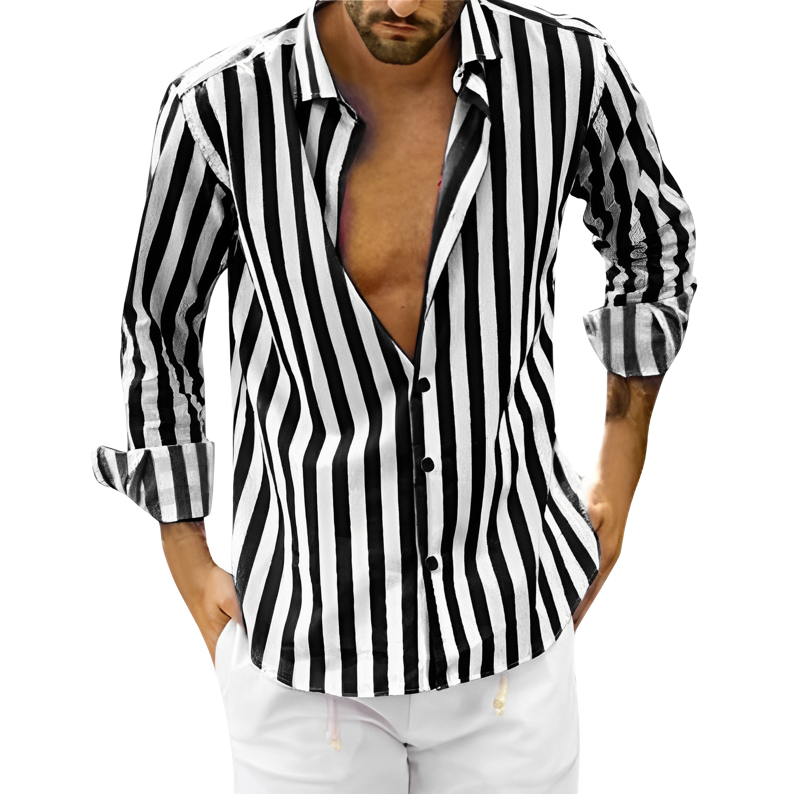 Herren Streifenhemd Langarm Sommer Stehkragen Elegant – Fredoro