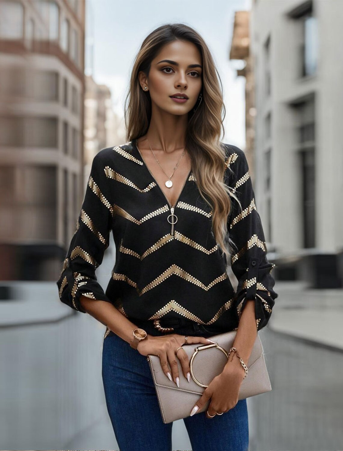 Gestreifte Bluse mit V-Ausschnitt
