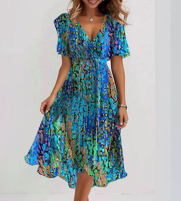 Clara™ - Blauer Midi-Kleid mit kurzen Ärmeln