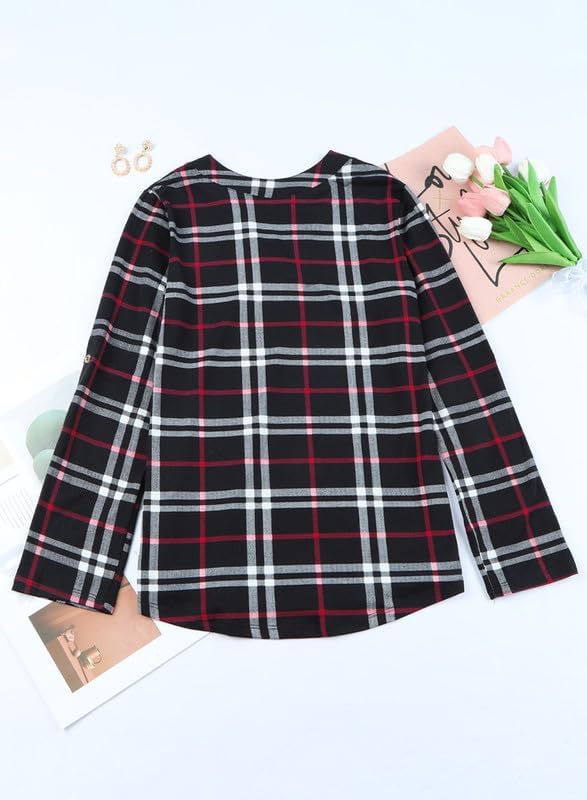 Karo-Bluse mit V-Ausschnitt für Damen – Hanna