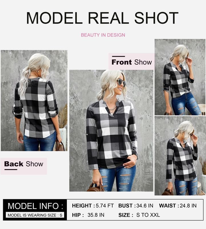 Karo-Bluse mit V-Ausschnitt für Damen – Hanna