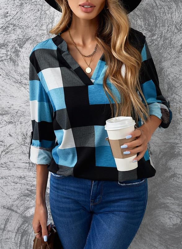Karo-Bluse mit V-Ausschnitt für Damen – Hanna