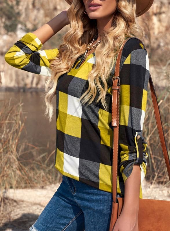 Karo-Bluse mit V-Ausschnitt für Damen – Hanna
