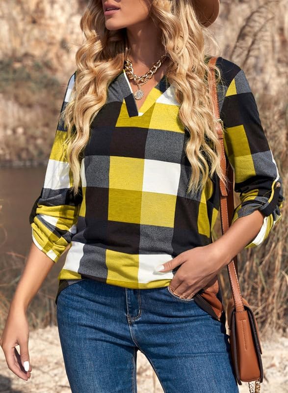 Karo-Bluse mit V-Ausschnitt für Damen – Hanna