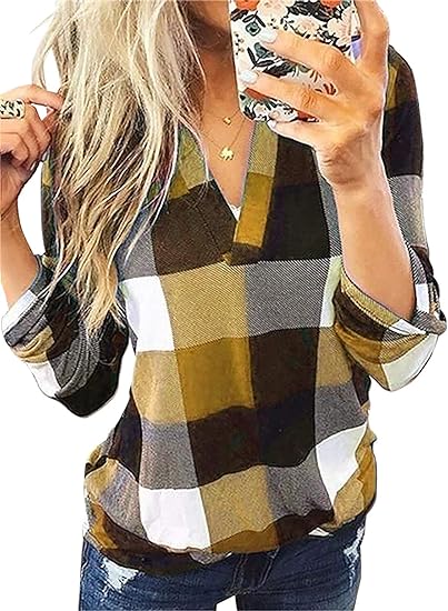 Karo-Bluse mit V-Ausschnitt für Damen – Hanna