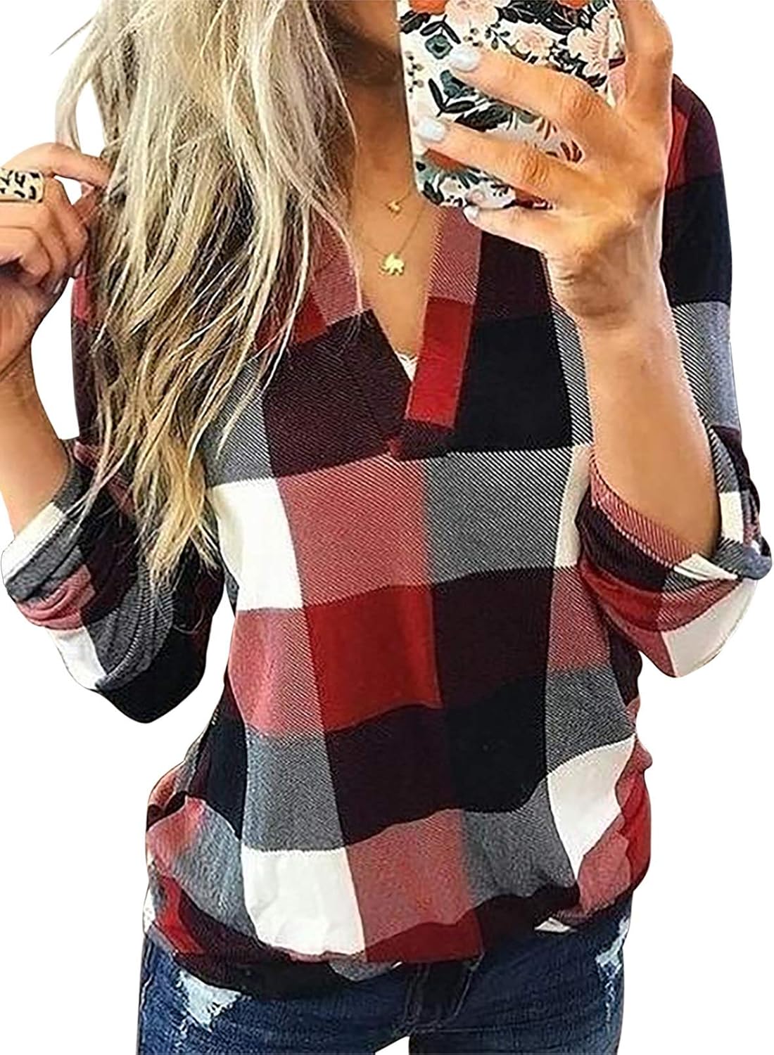 Karo-Bluse mit V-Ausschnitt für Damen – Hanna