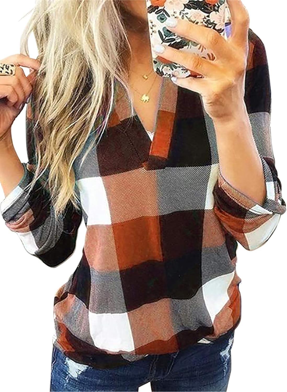 Karo-Bluse mit V-Ausschnitt für Damen – Hanna