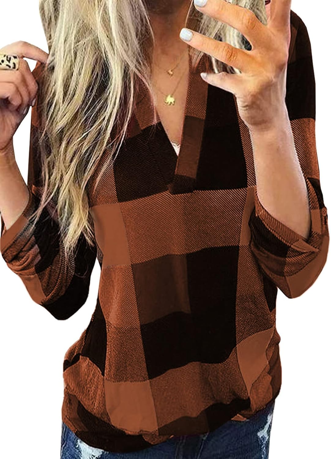 Karo-Bluse mit V-Ausschnitt für Damen – Hanna