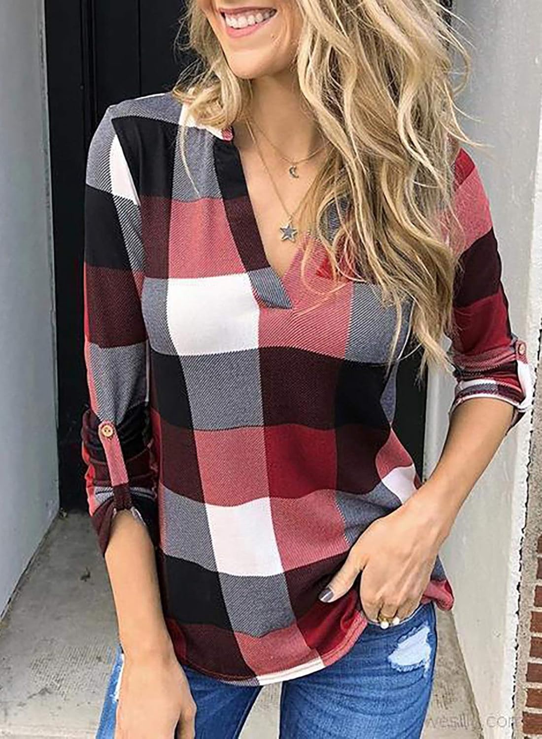 Karo-Bluse mit V-Ausschnitt für Damen – Hanna