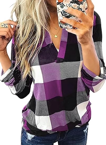 Karo-Bluse mit V-Ausschnitt für Damen – Hanna