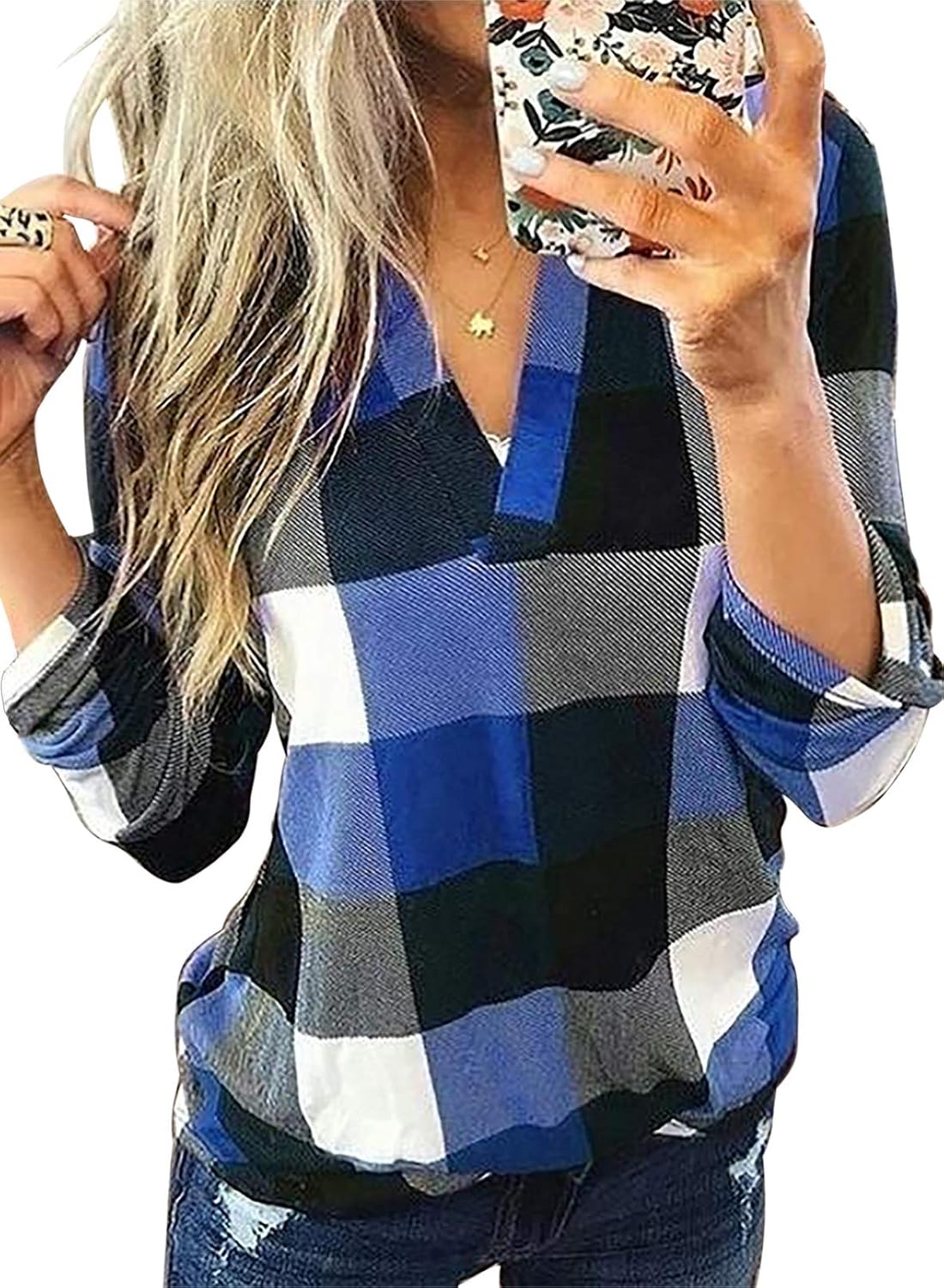 Karo-Bluse mit V-Ausschnitt für Damen – Hanna