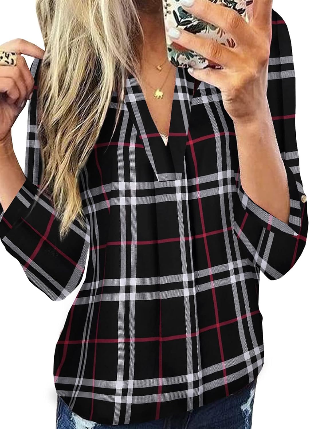 Karo-Bluse mit V-Ausschnitt für Damen – Hanna