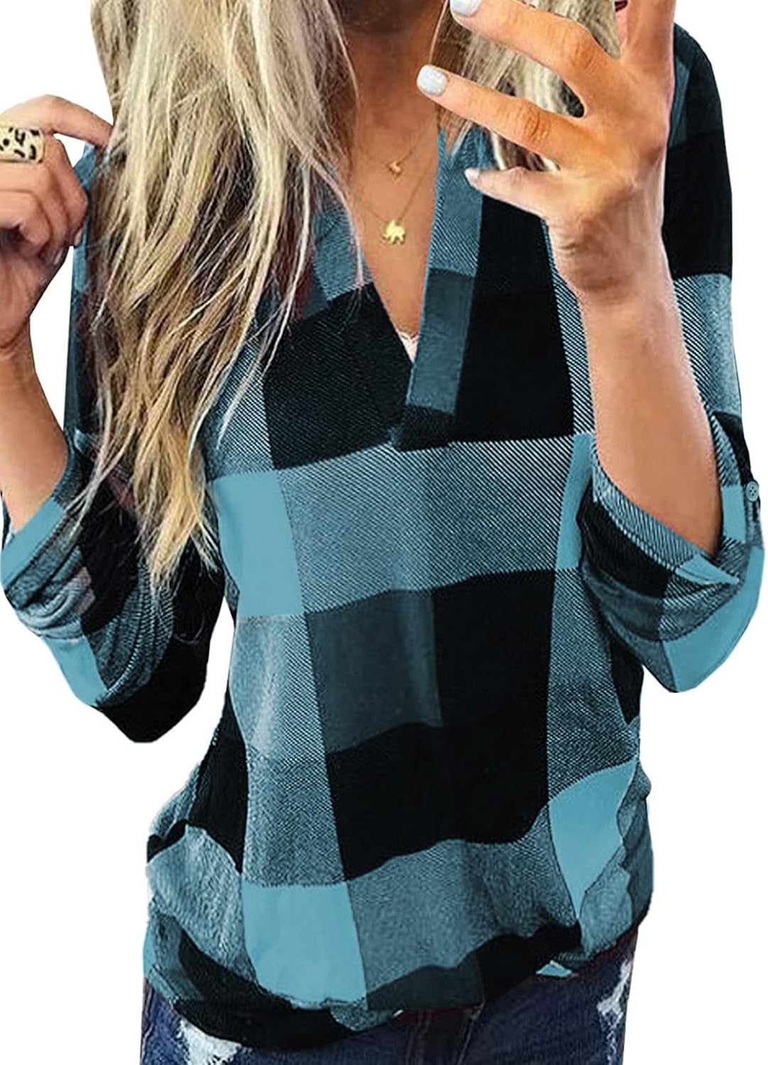 Karo-Bluse mit V-Ausschnitt für Damen – Hanna