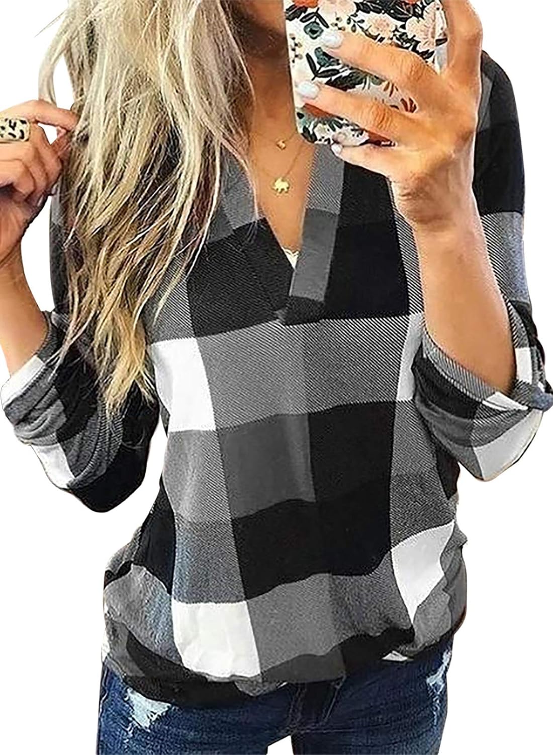 Karo-Bluse mit V-Ausschnitt für Damen – Hanna