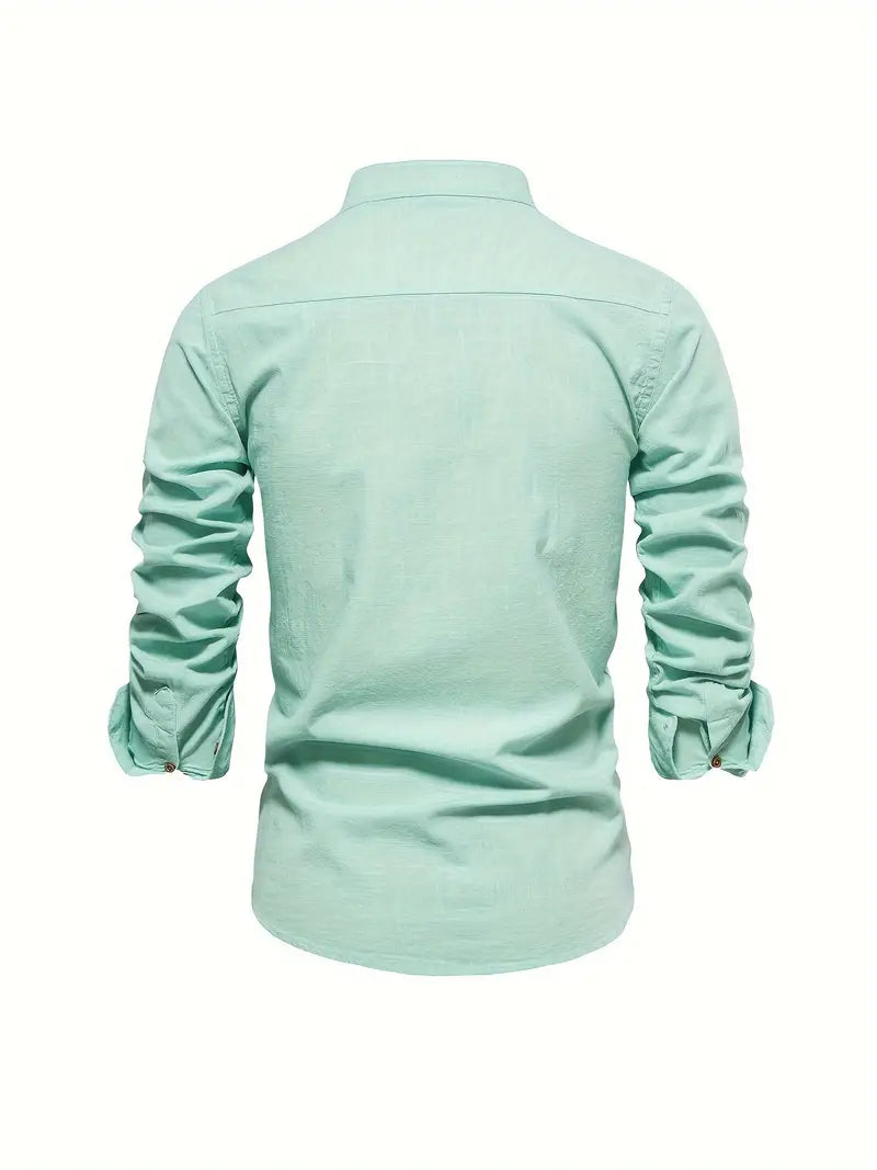 Herren Baumwollhemd Langarm Stehkragen Elegant Stickerei – Nelvion