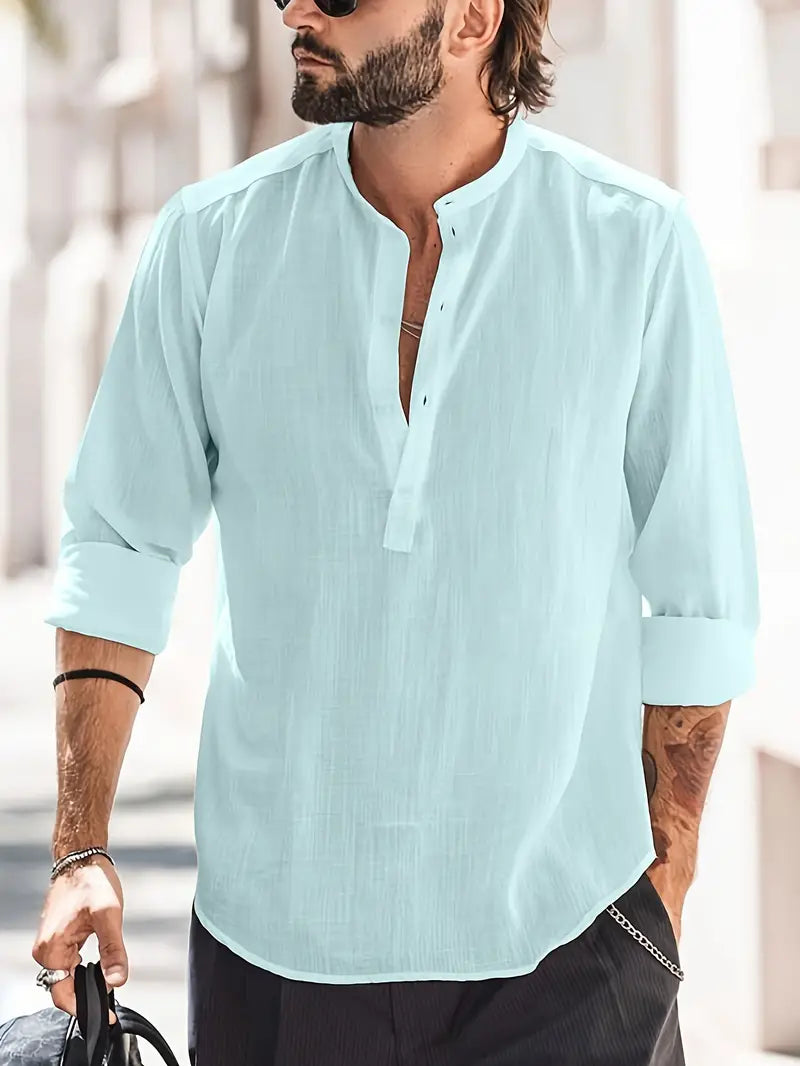 Herren Leinenhemd Langarm Bootskragen Vintage Look – Hugaro
