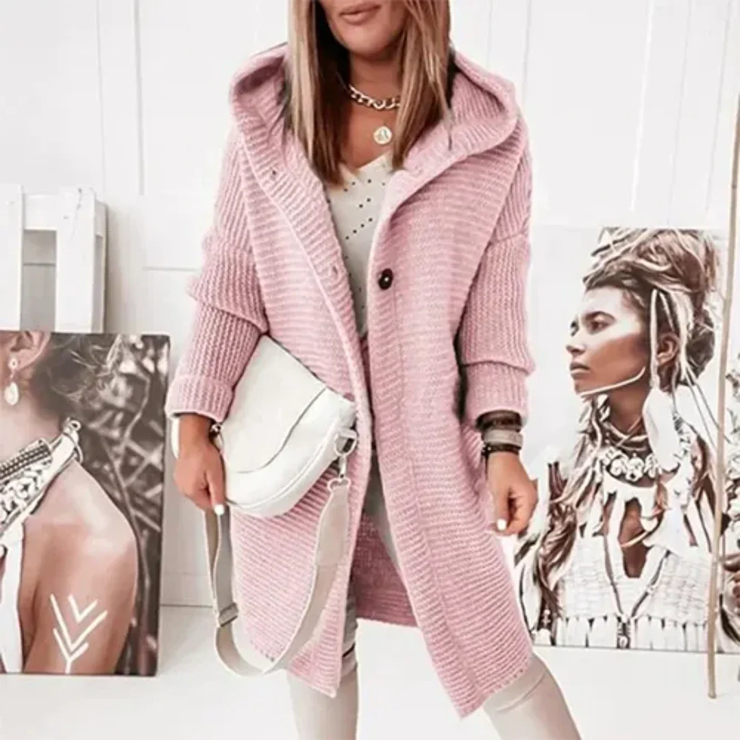 Clareana | Damen Lange Winter Strickjacke | Kapuze