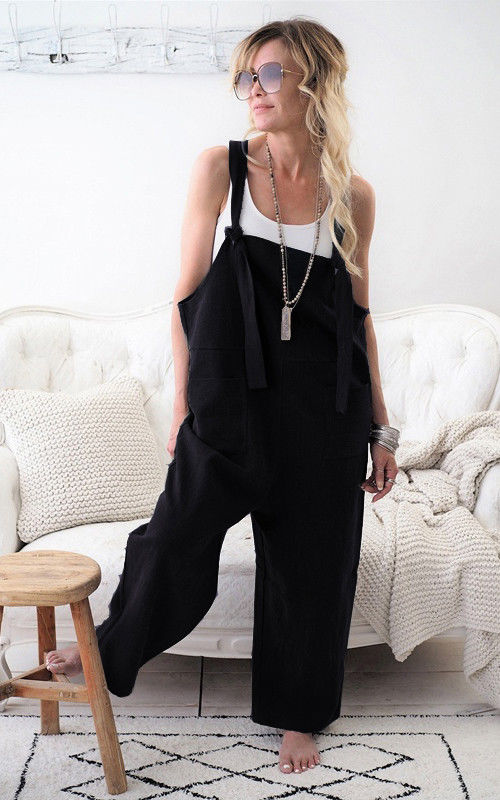 Claire - Schwarzer Baumwoll-Leinen Jumpsuit mit Taschen