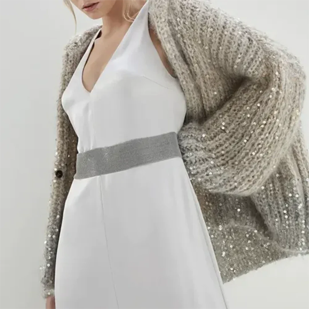 Hiyasem | Damen Warme Pailletten Pullover | Übergroß