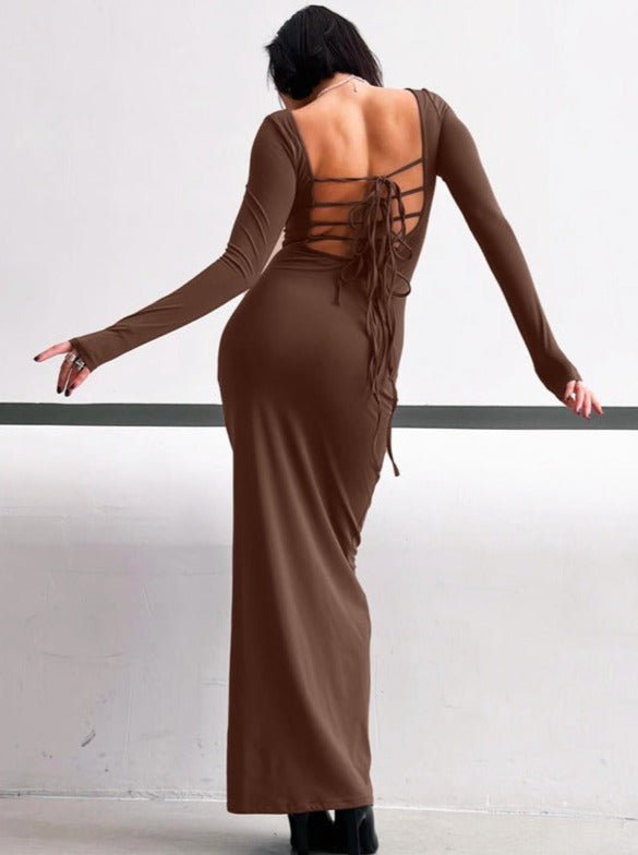 Einfarbiges, langärmliges Maxikleid mit Bindeband hinten