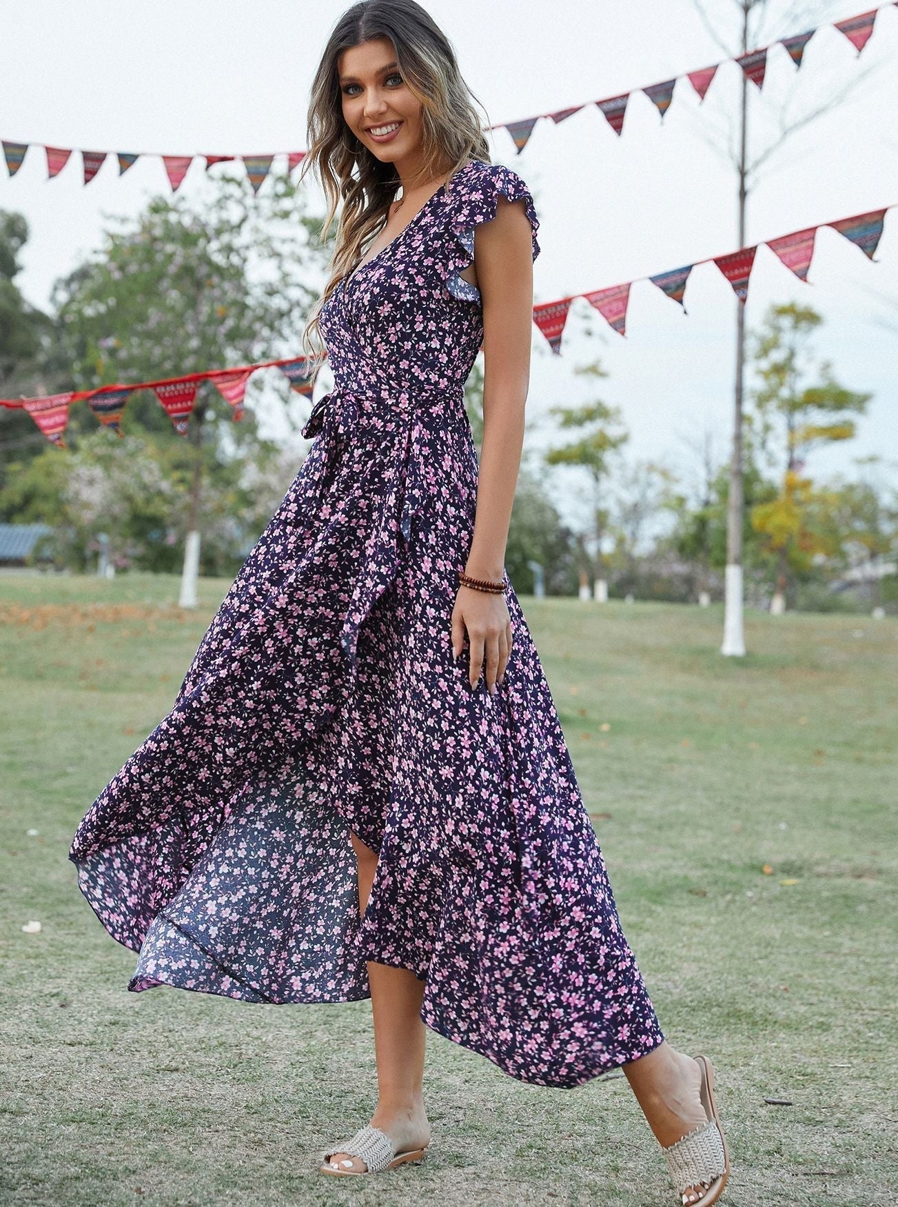 Bohemian Blumendruck Vintage Baumwolle Schlitz Midikleid