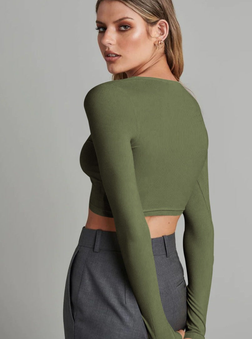 Grüner, langärmliger Strickjacke mit Knöpfen