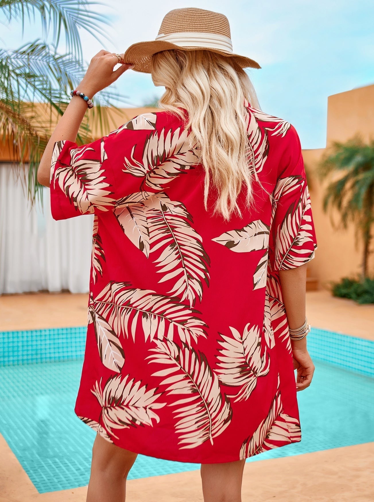 Kurzärmliger Cardigan mit tropischem Print und Kordelzug, kurzer Zweiteiler