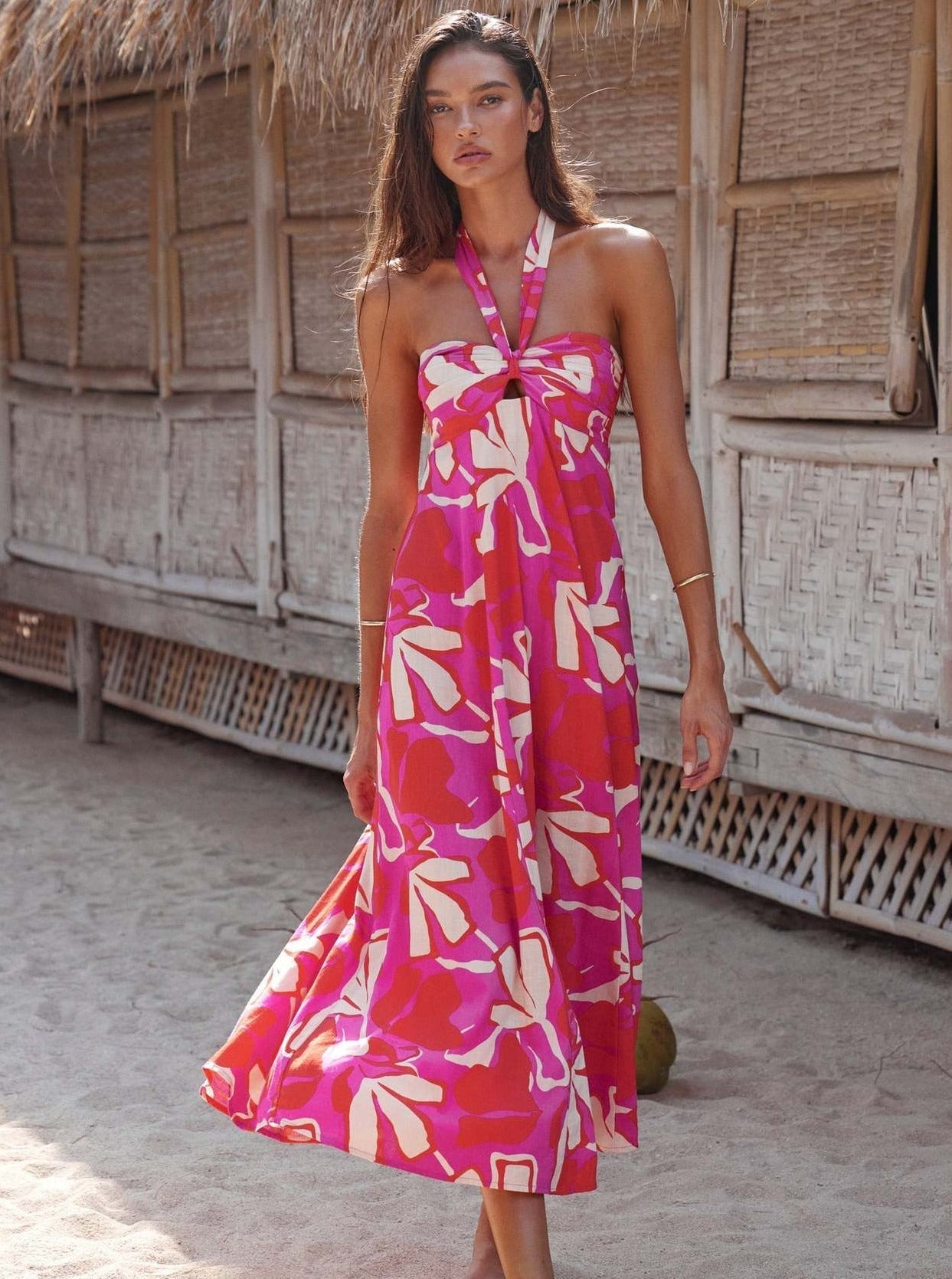 Ärmelloses Neckholder-Maxikleid mit Blumenmuster im Bohemian-Stil