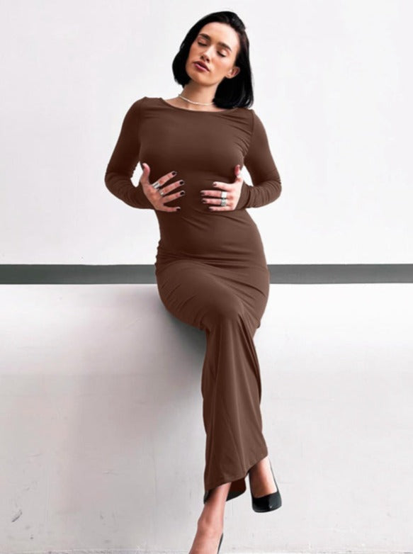 Einfarbiges, langärmliges Maxikleid mit Bindeband hinten