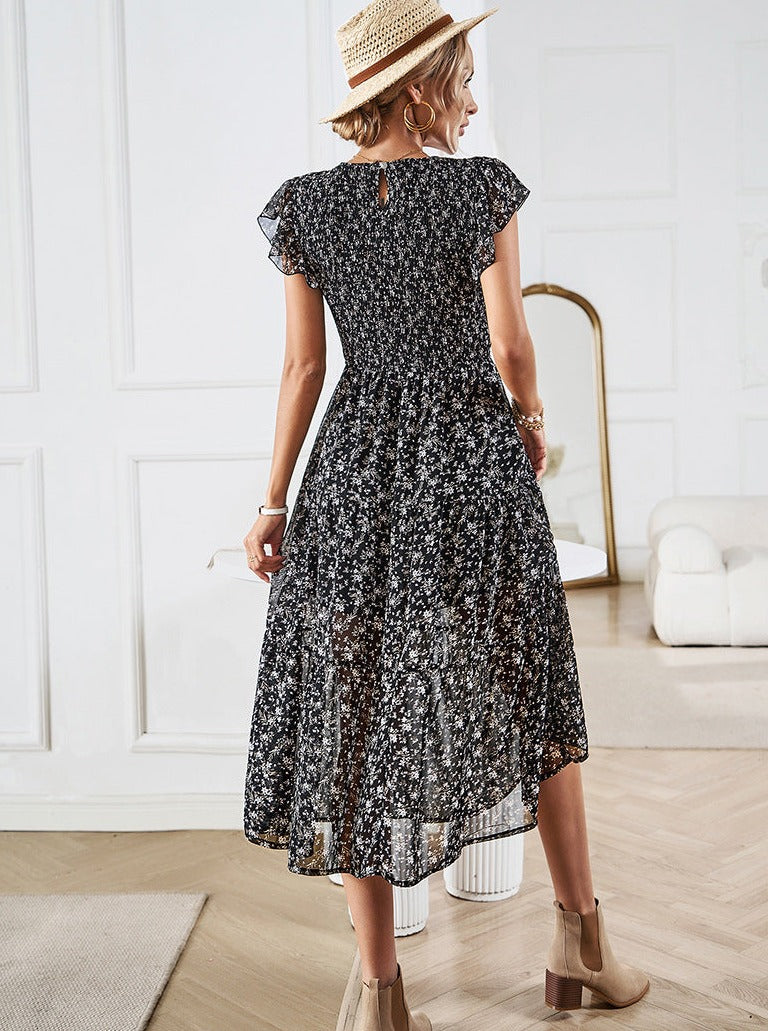 Midikleid mit floralem Muster, Taille und Rüschenbesatz