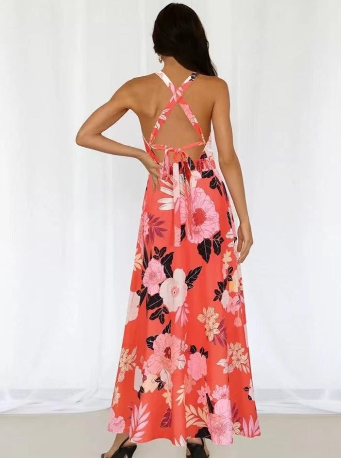 Maxikleid mit Neckholder und Racerback und Blumenmuster
