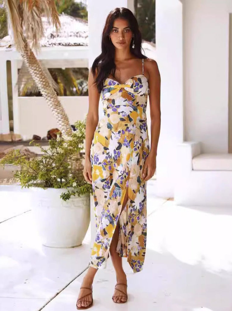 Sommer Schlank Split Elegantes Floral Chiffon Vintage Midi Kleid