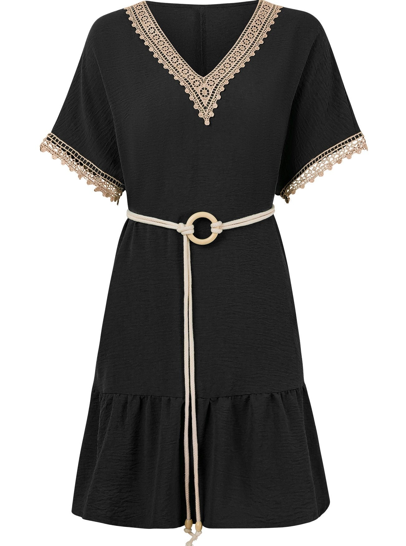 Elegantes Minikleid mit V-Ausschnitt, Spitzengürtel und Taille