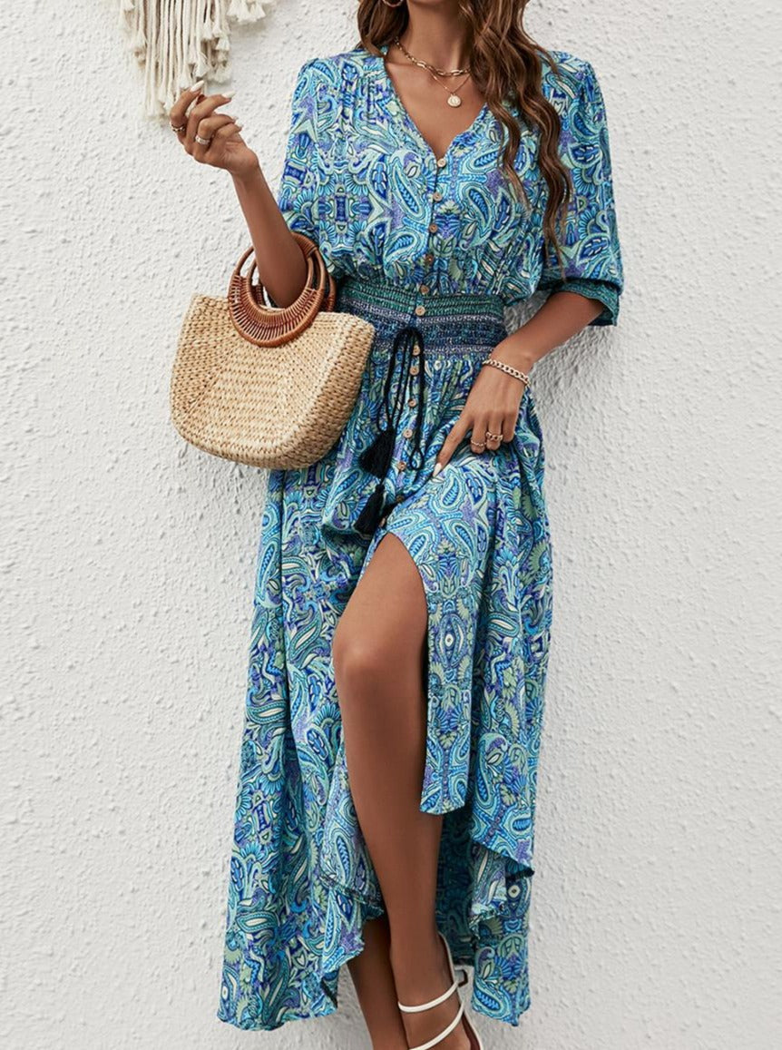 Bedrucktes Vintage-Midikleid mit halblangen Ärmeln im Boho-Stil