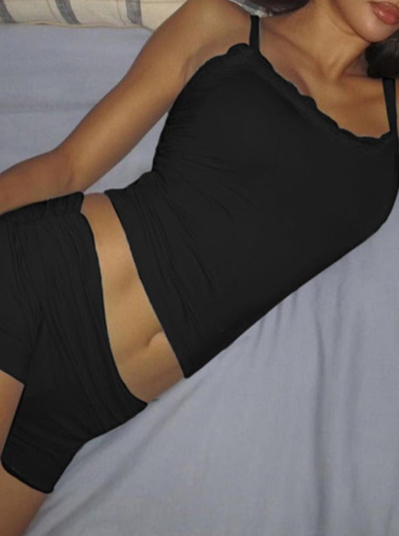 Rosa und schwarze Loungewear-Shorts mit Spitzenoberteil und niedriger Taille