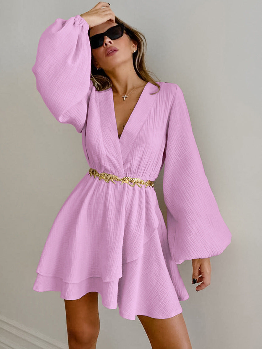 Casual Slim Deep V-Neck Lantern Sleeve Dress