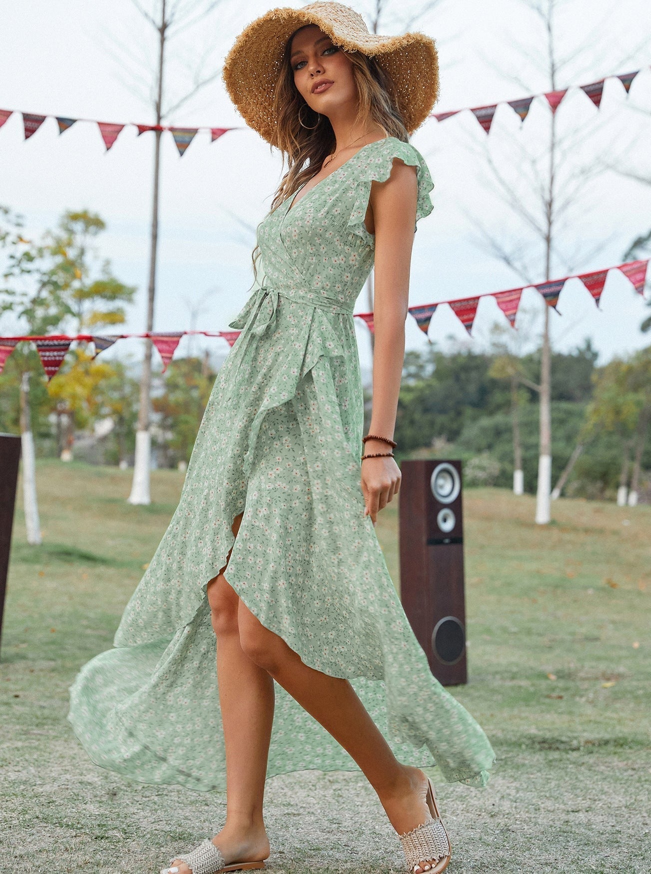 Bohemian Blumendruck Vintage Baumwolle Schlitz Midikleid