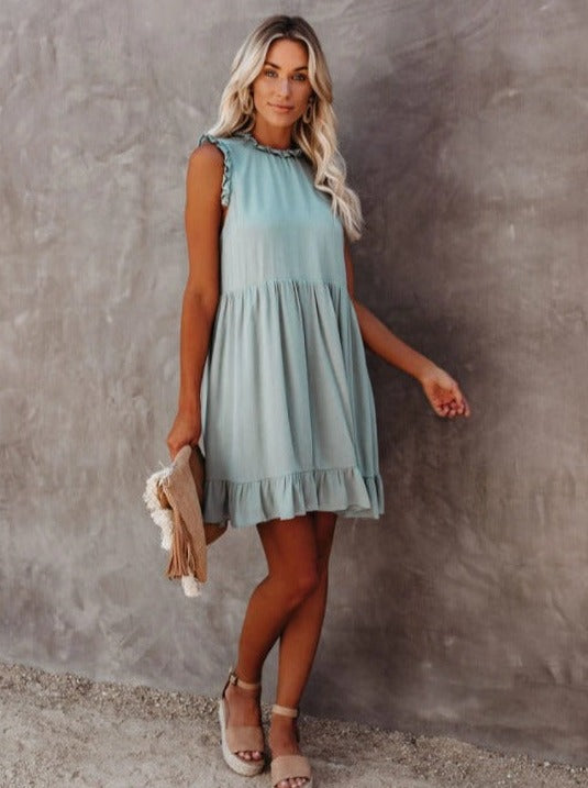 Einfarbiges, ärmelloses, lockeres Kleid
