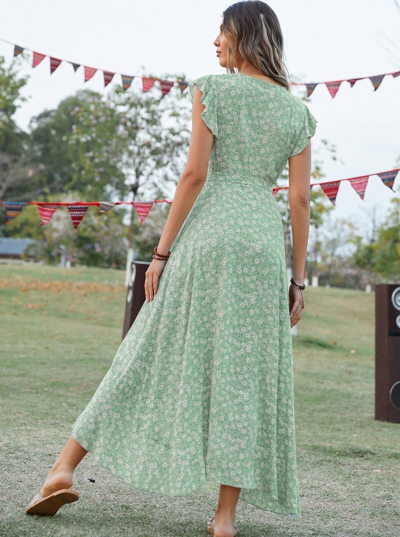 Bohemian Blumendruck Vintage Baumwolle Schlitz Midikleid