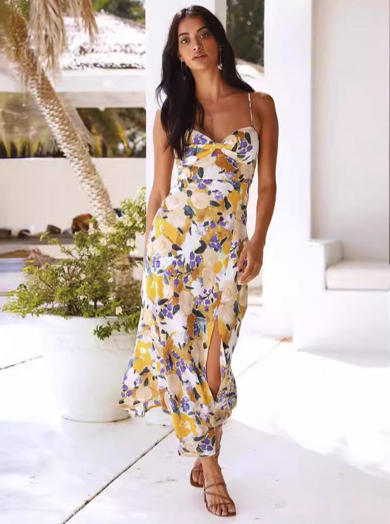 Sommer Schlank Split Elegantes Floral Chiffon Vintage Midi Kleid